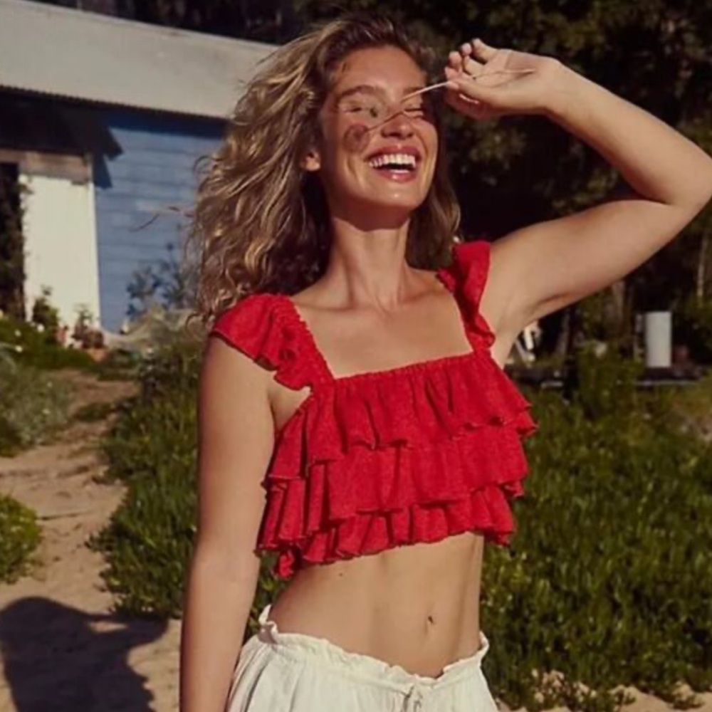 New Free People Free-est Fiesta Red Ruffled Crop Top Babydoll Shirt Blouse sz L